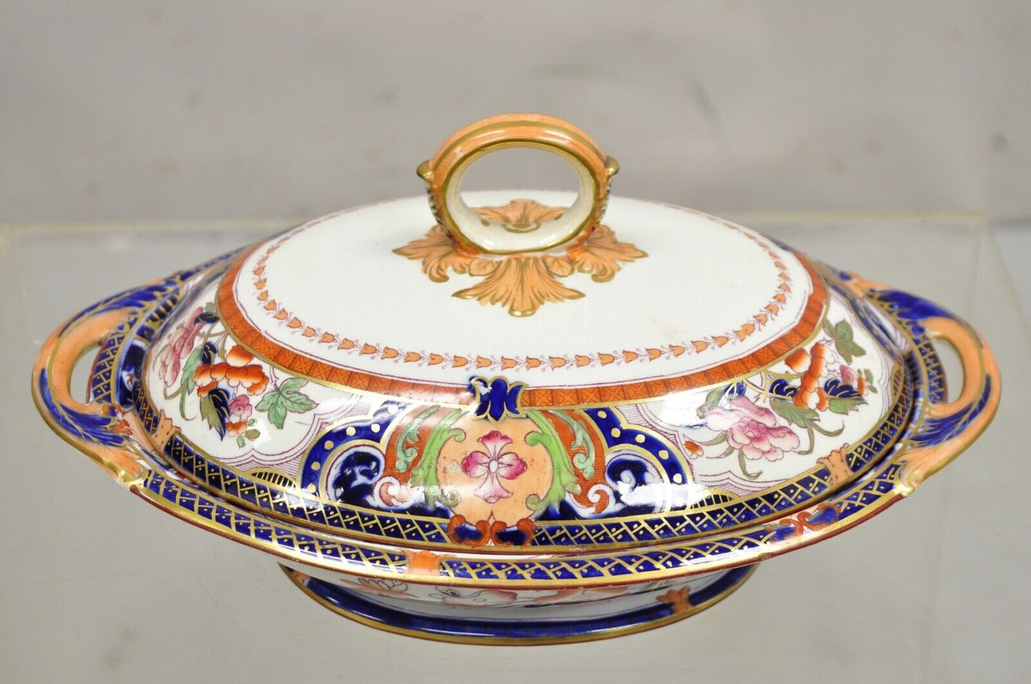19th C English Ironstone Diamond Patent Covered Vegetable Soup Tureen - a Pair