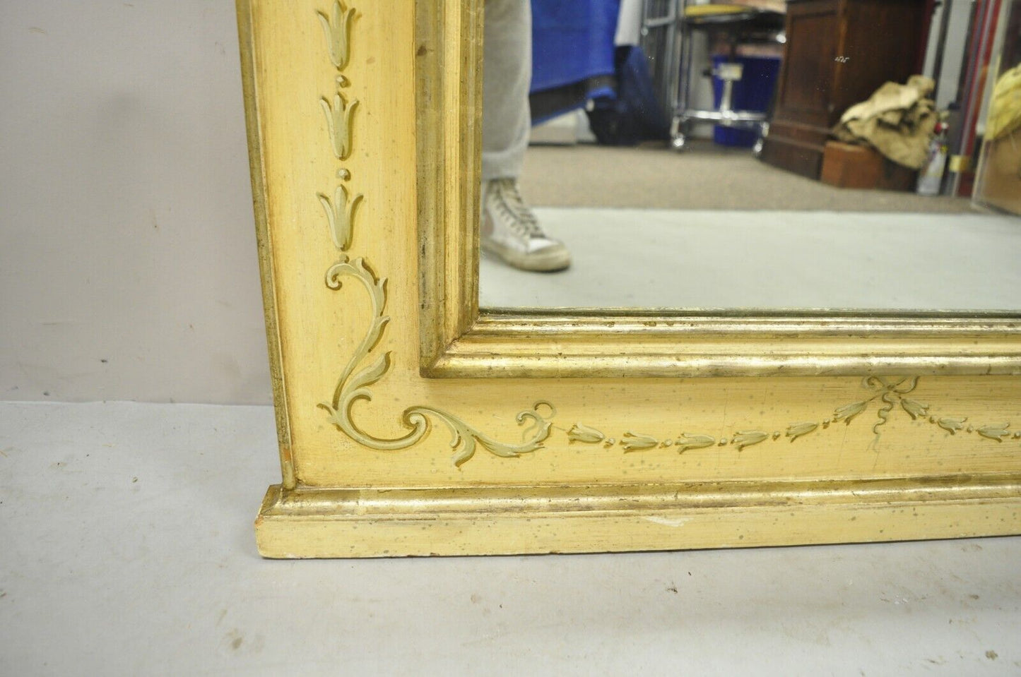 Italian French Provincial Giltwood Handpainted 59" Trumeau Console Hall Mirror