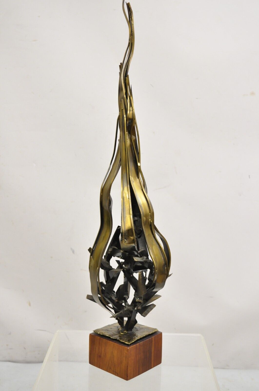 Vintage Mid Century Brutalist "Flame" Brass Metal & Walnut Sculpture Signed, Ry