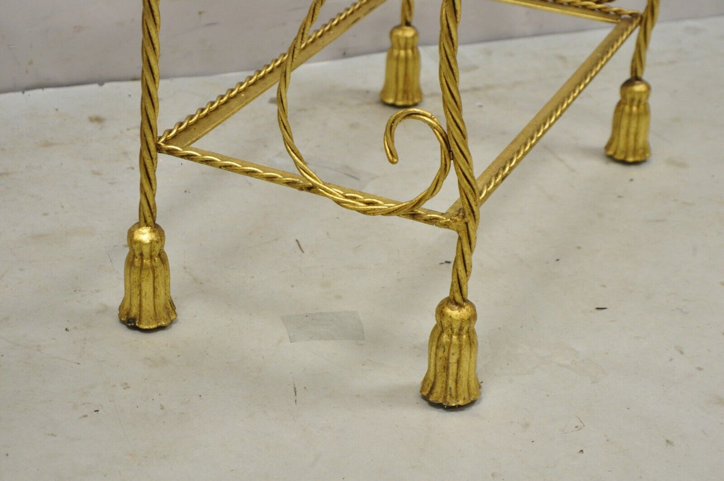 Italian Hollywood Regency Gold Gilt Iron 5 Tier Rope Tassel Narrow Etagere Stand