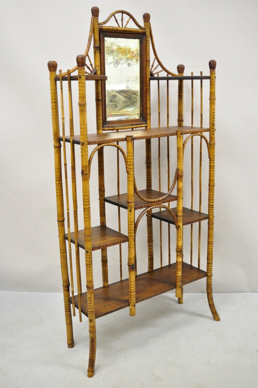 19th C. English Victorian Bamboo Stick and Ball Curio Shelf Display Etagere