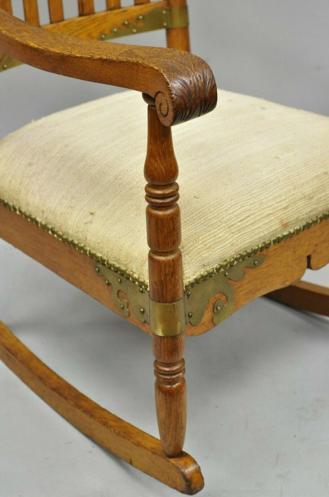 Antique Victorian Oak Wood Arts & Crafts Rocker Rocking Chair with Brass Accents