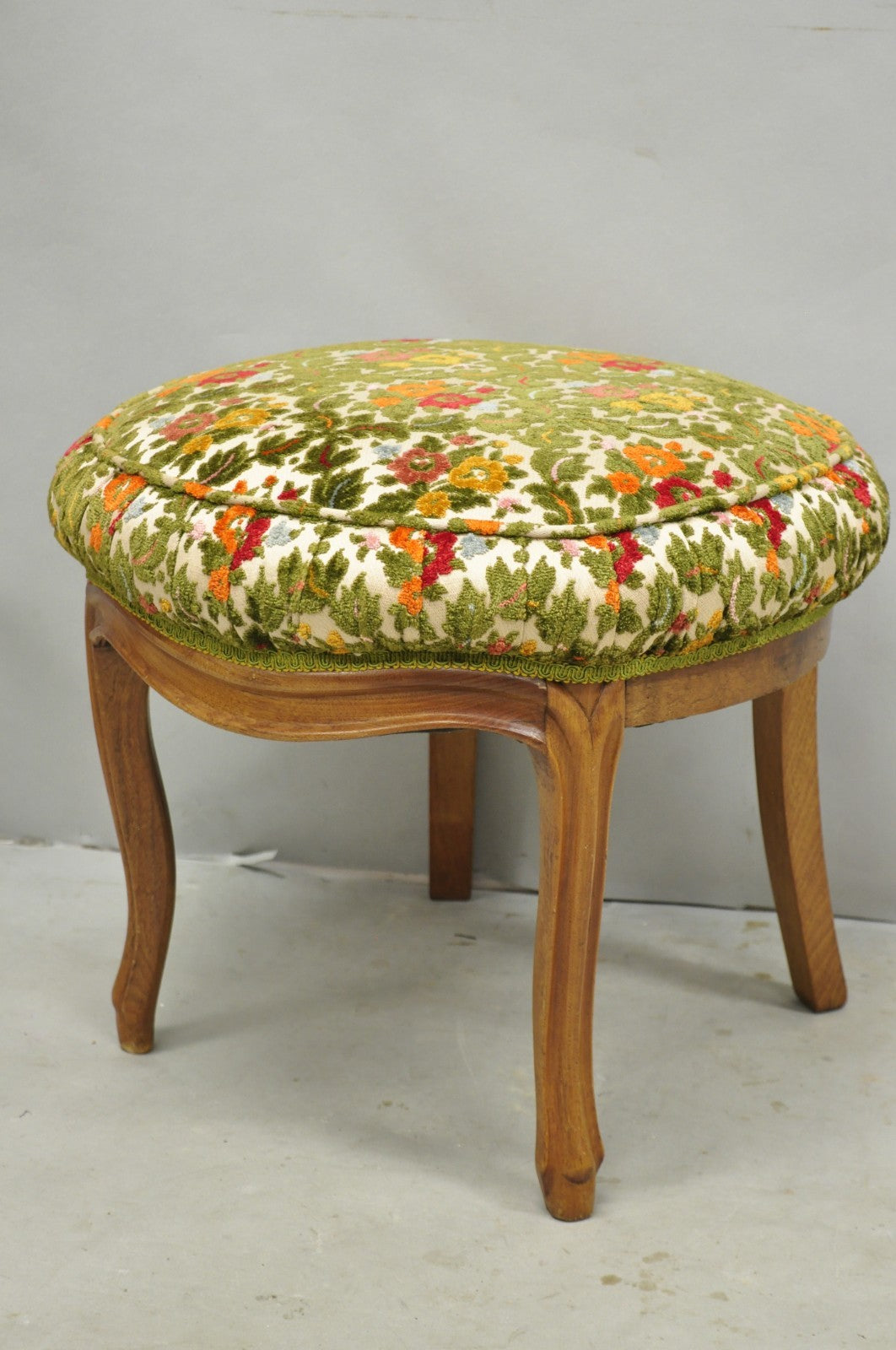 Vintage French Country Provincial Style Walnut Round Seat Vanity Bench Stool