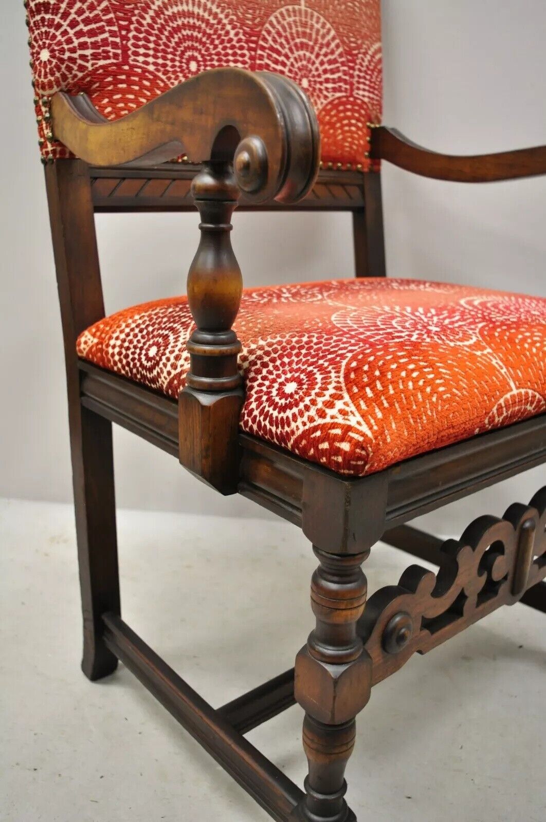Antique Italian Renaissance Revival Carved Walnut Throne Captains Red Arm Chair