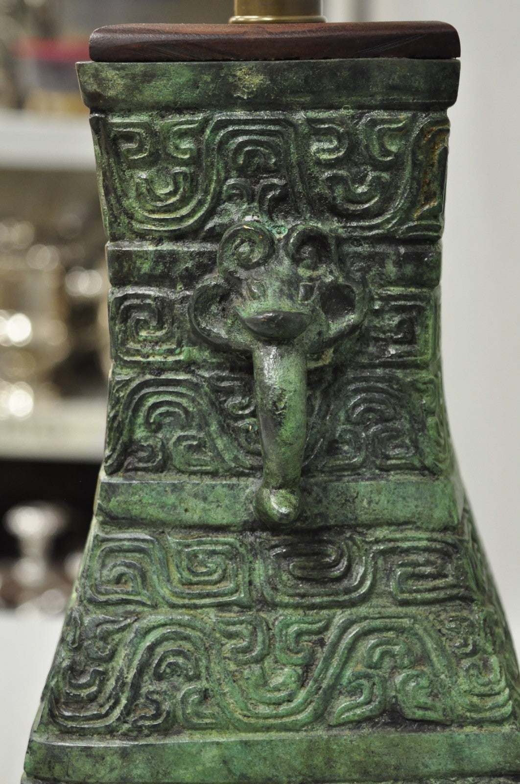 Vintage Oriental Verdigris Green Archaic Bronze Figural Chinese Table Lamp