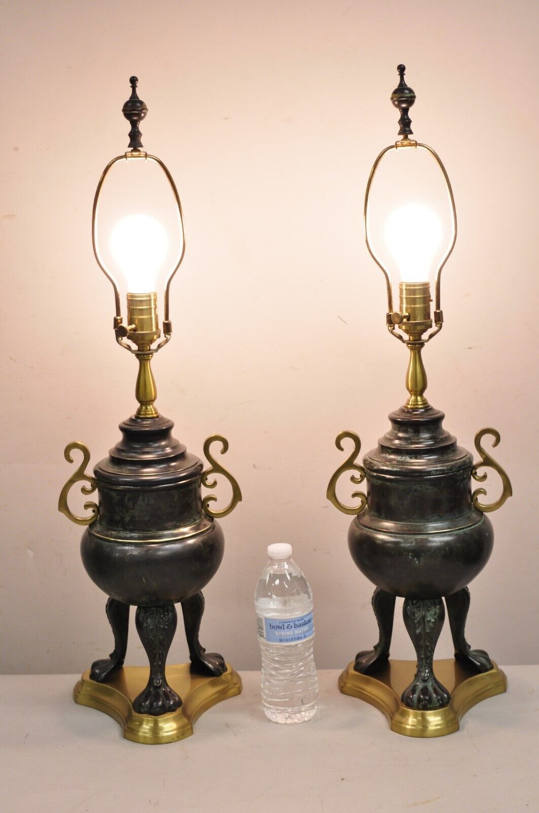 Chinoiserie Asian Verdigris Green Bronze Censor Table Lamp by Wildwood - a Pair