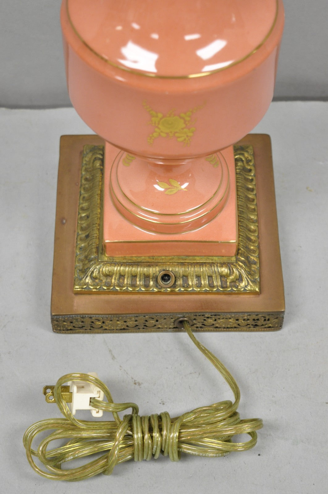 Antique French Victorian Salmon Coral Pink Porcelain Hand Painted Urn Table Lamp