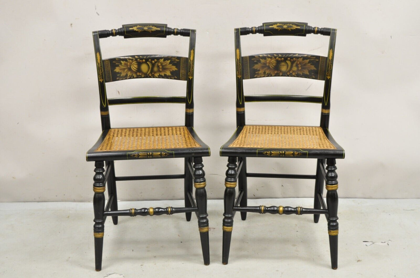 Vintage L. Hitchcock Black Stencil Harvest Decorated Cane Side Chair - a Pair