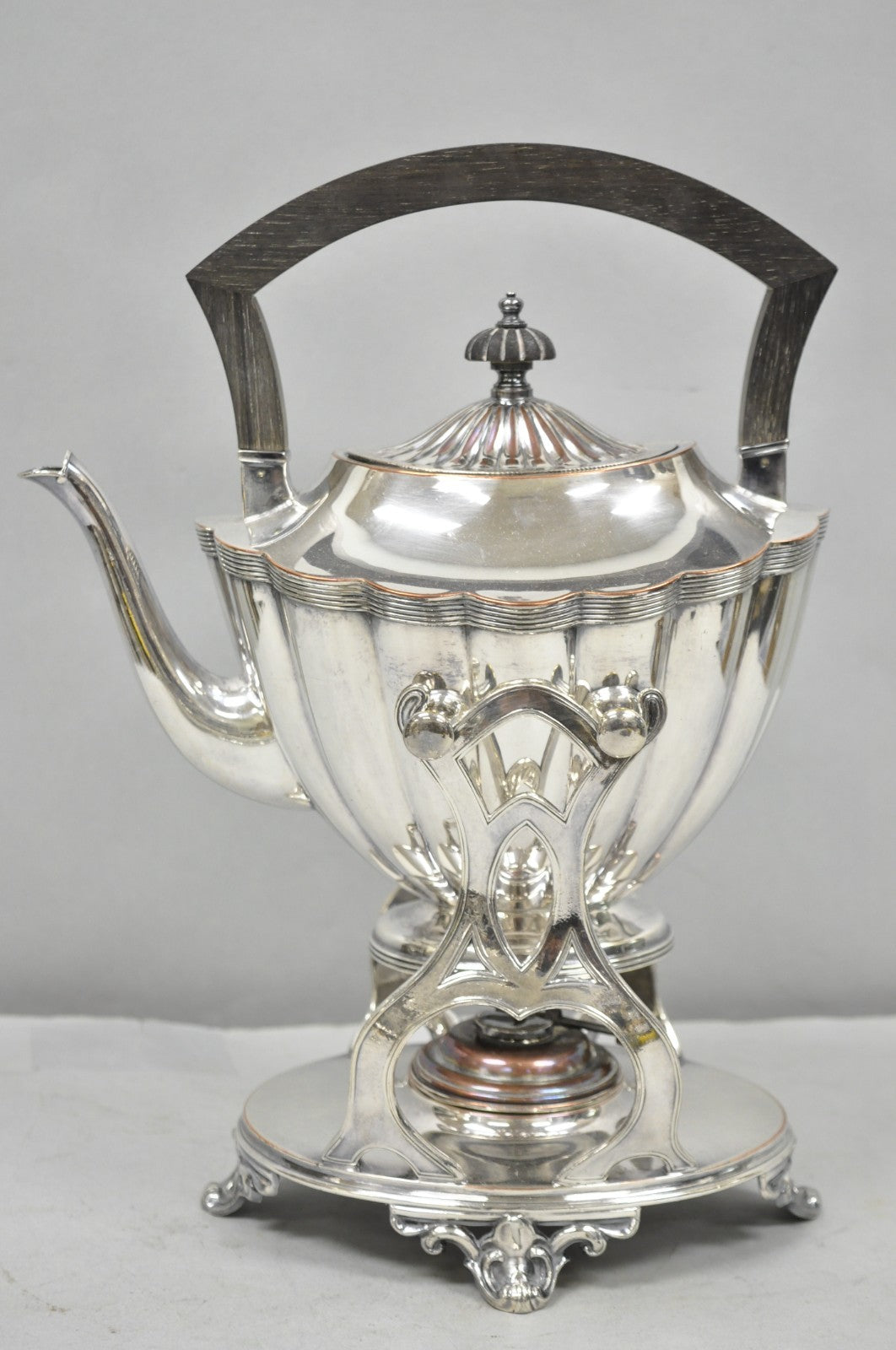 Antique English Art Nouveau Silver Plated Tilting Tea Kettle Pot on Stand