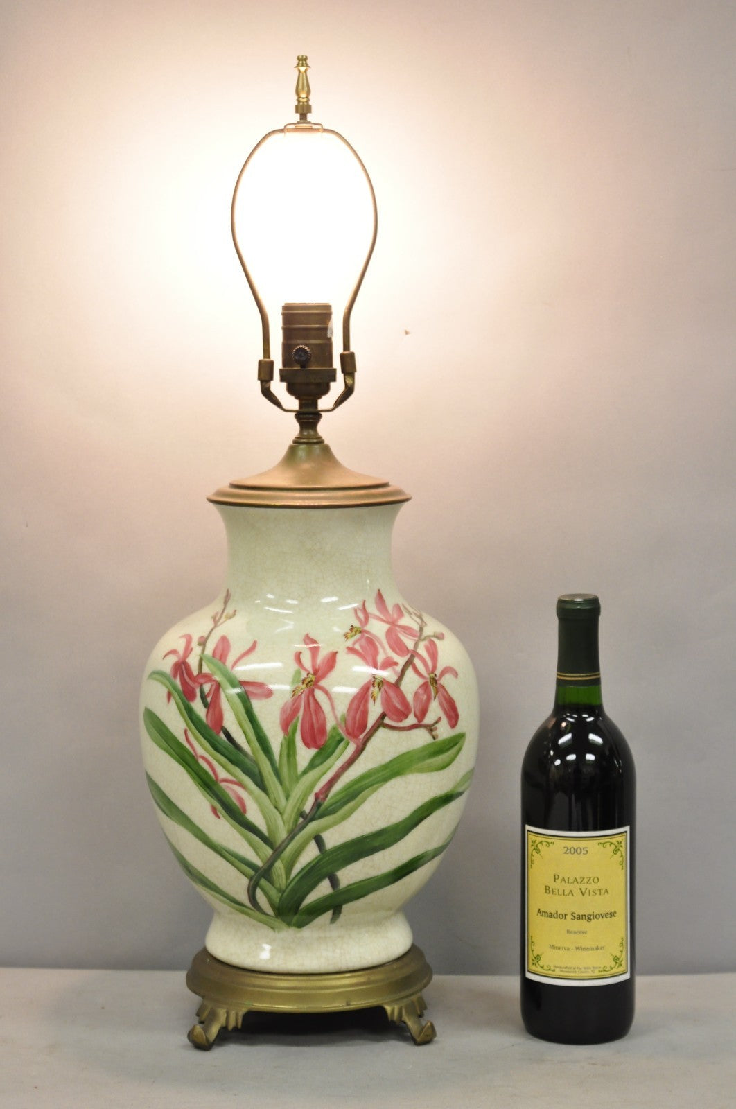 Vintage Art Nouveau Style Pink Flower Painted Porcelain Table Lamp by Wildwood