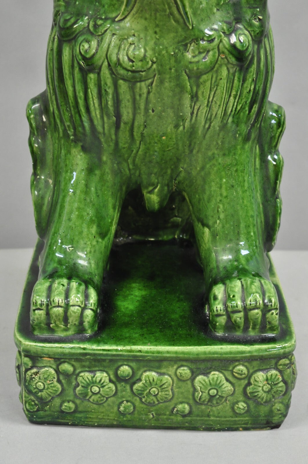 Vintage Chinoiserie Green Majolica Glazed Ceramic 24" Chinese Foo Dog Statue