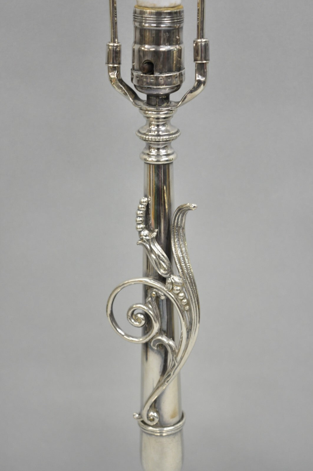 Antique French Art Nouveau Silver Plated Scrollwork Column Small Table Lamp
