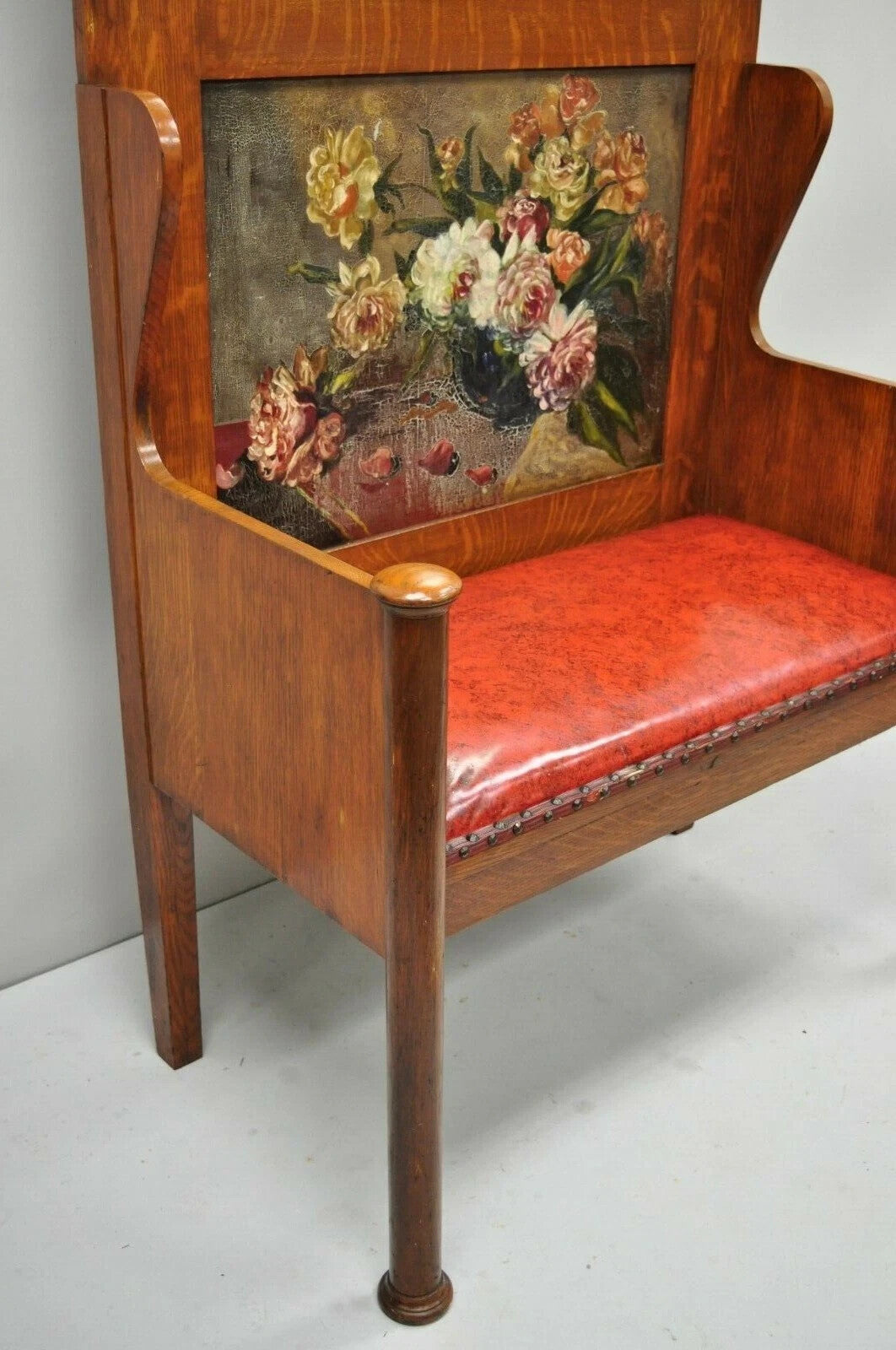Antique Arts & Crafts Mission Oak Hand Painted Hall Bench Coat Rack w/ Mirror