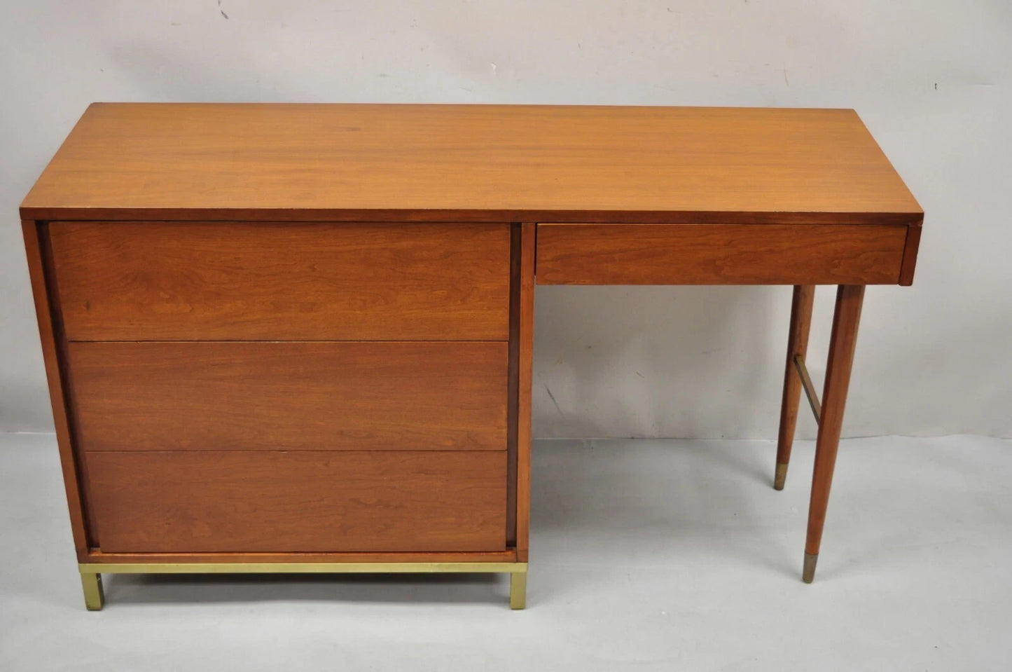 Vintage Mid Century Modern Walnut Brass Base Modernist Kneehole Writing Desk
