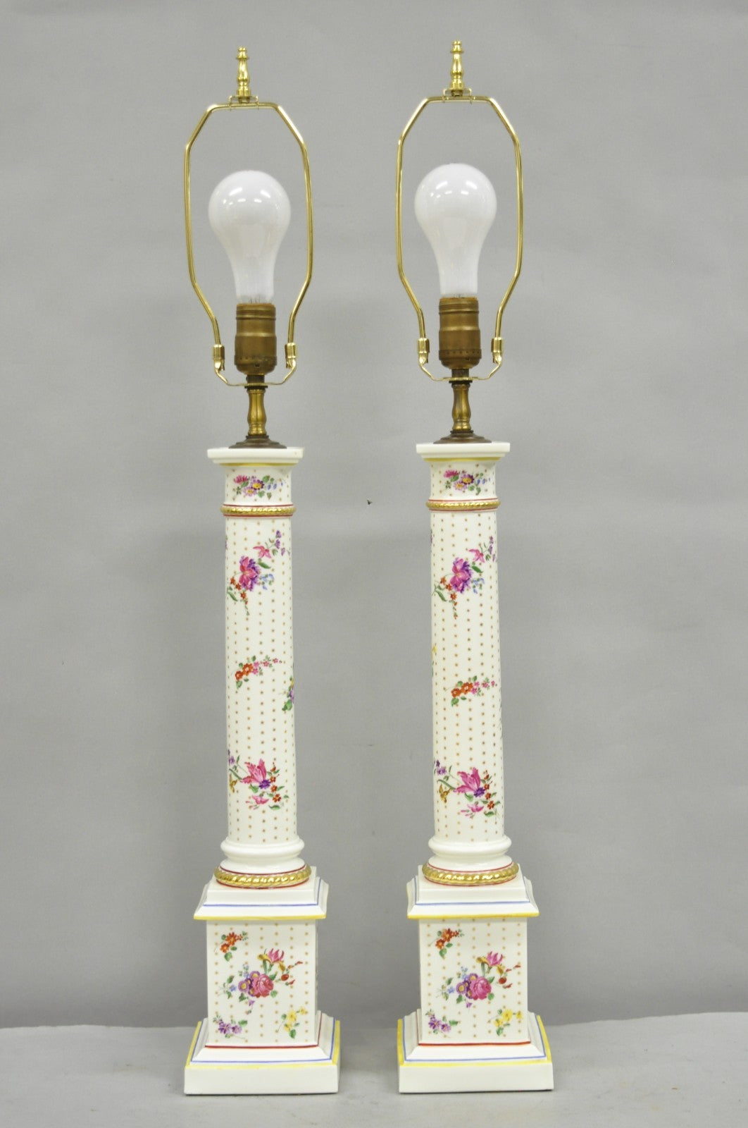 Vintage Victorian French Porcelain Column Table Lamps w Painted Flowers - a Pair