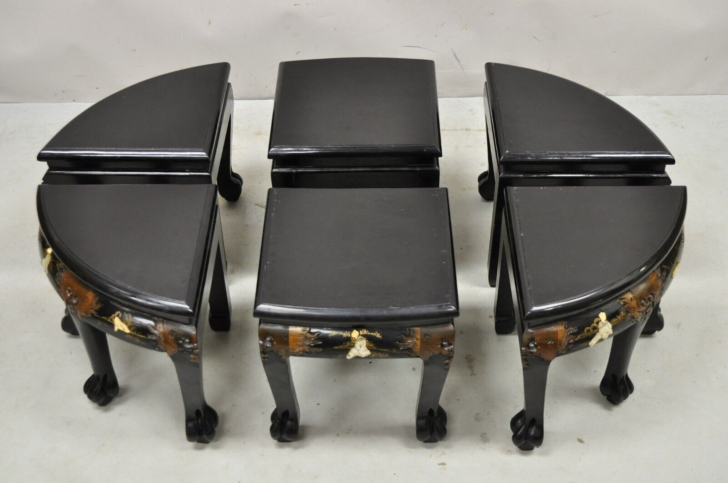 Chinese Black Lacquer Mother of Pearl Oval Nesting Coffee Table Set 6 Stools - A