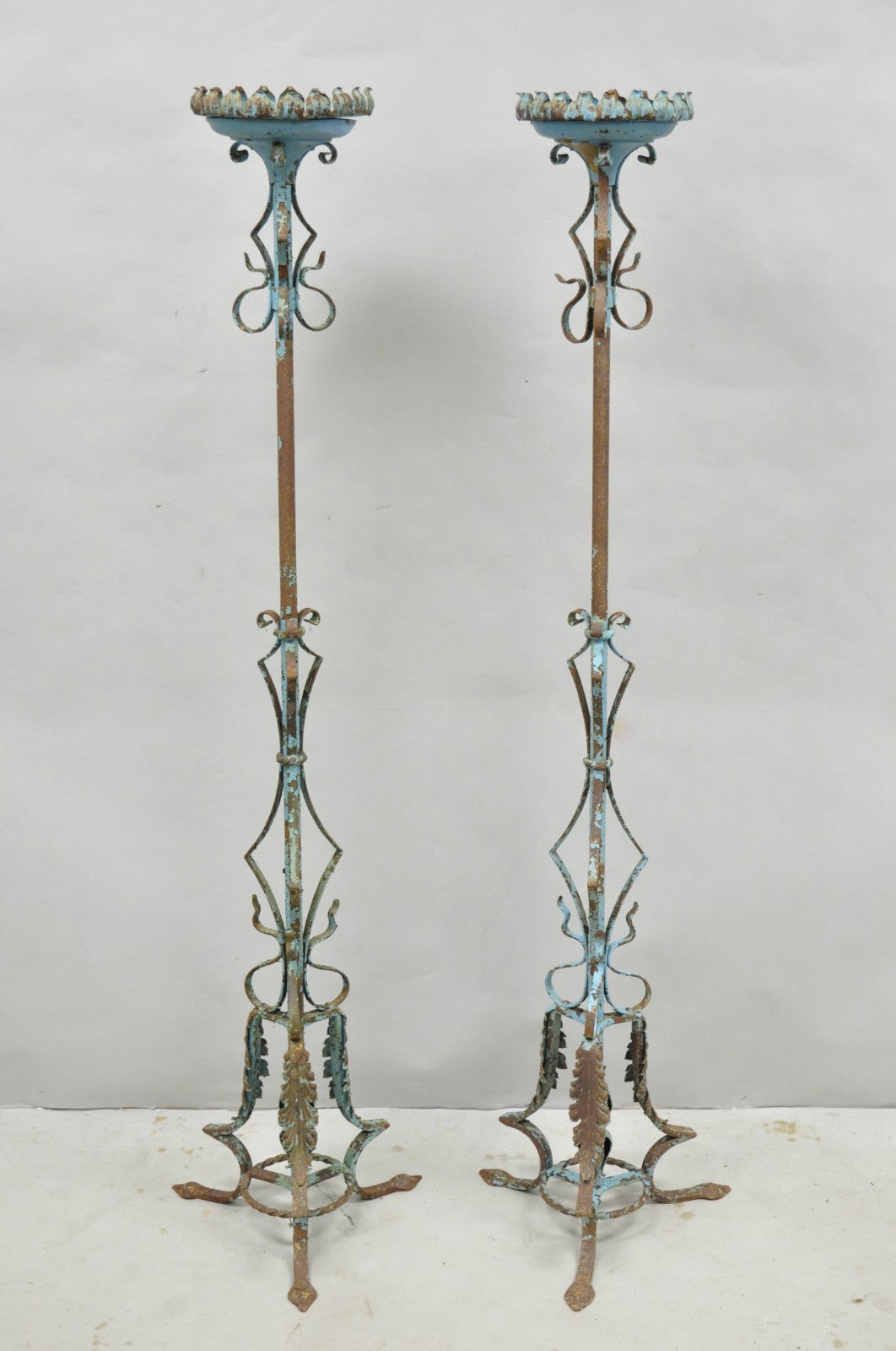Antique Gothic Renaissance Wrought Iron Italian Candle Holder Candelabra - Pair
