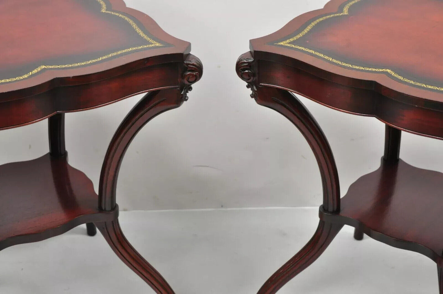 Vintage French Regency Style Red Leather Top Mahogany Lamp End Tables - a Pair