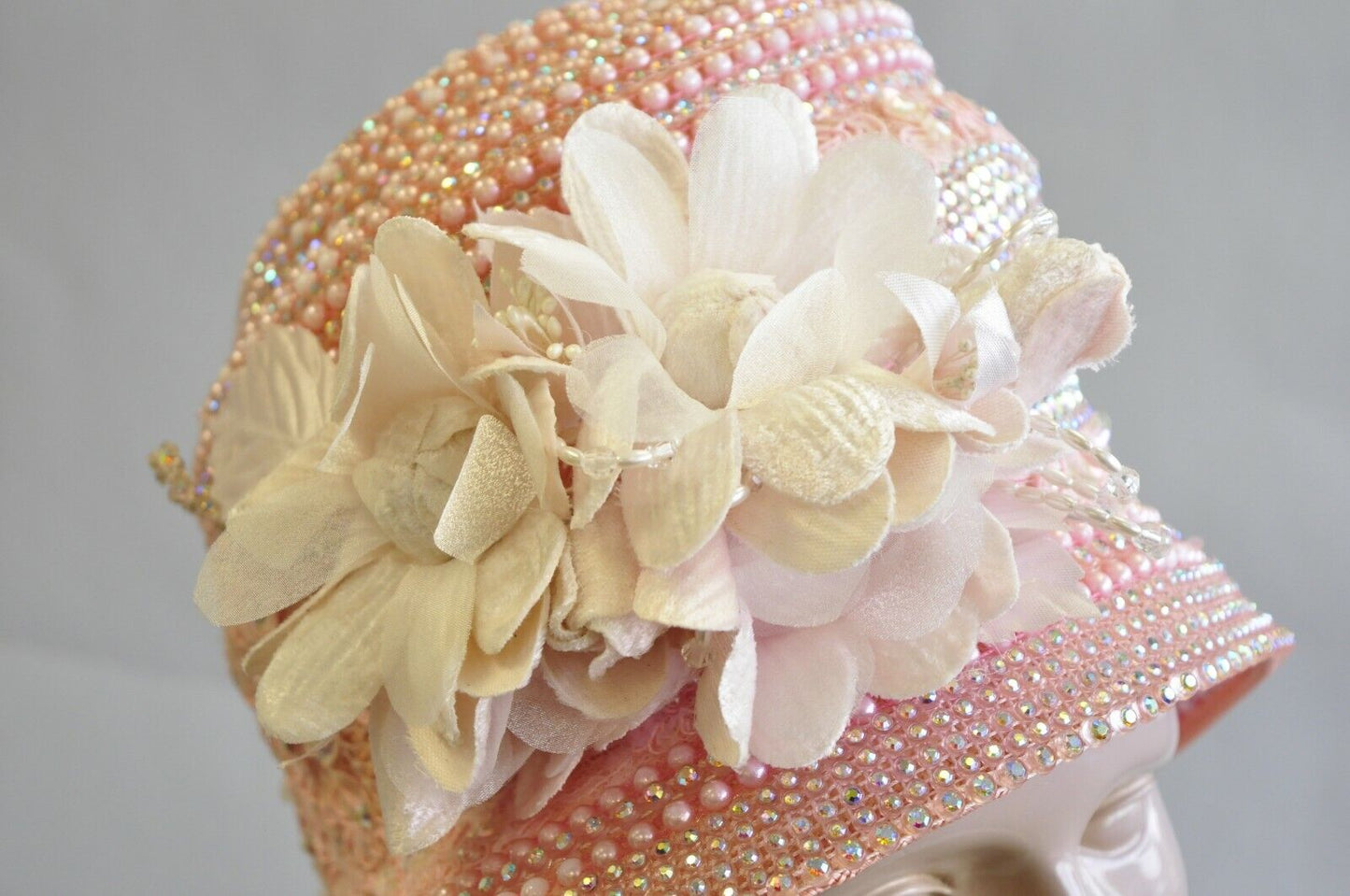 Shellie McDowell Pink Lace Iridescent Pearl Rhinestones Church Derby Crown Hat