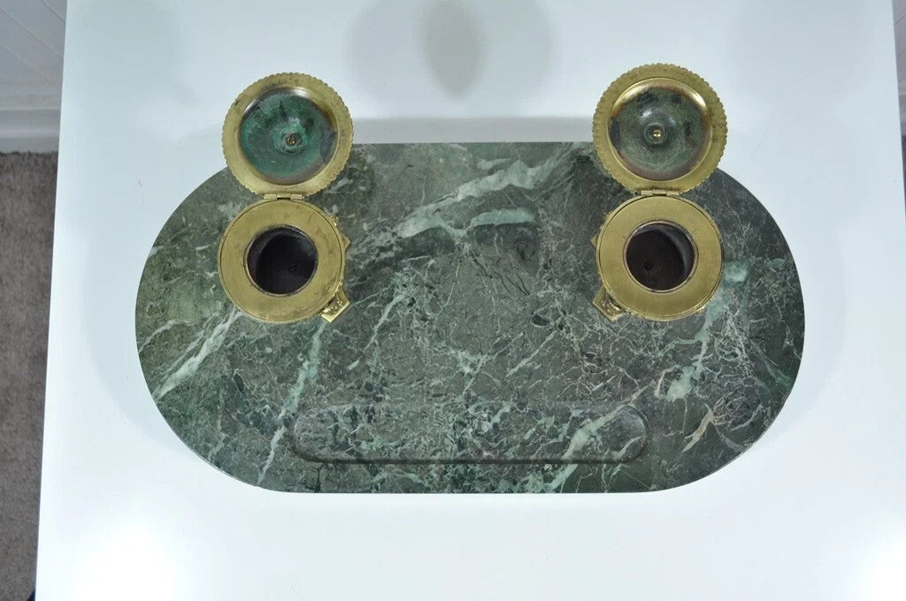 Antique French Empire Figural Bronze Sphinx Green Marble Desk Top Double Inkwell