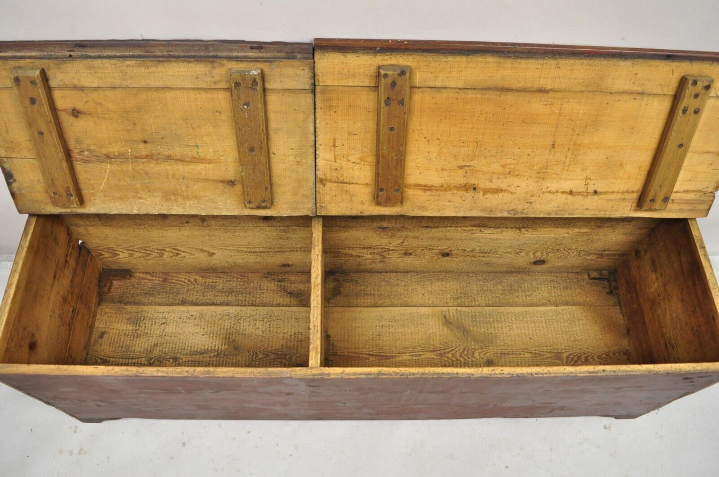 Antique Large 64" Double Storage Pine Wood Primitive Country Blanket Chest Trunk