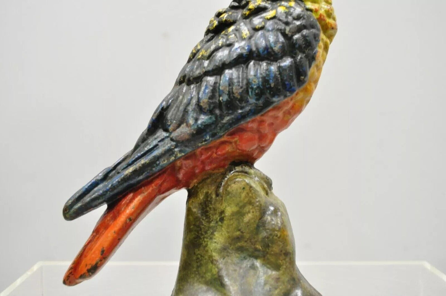 Antique Cast Iron Hand Painted 12" Cockatoo Parrot Figurine Doorstop Bookend