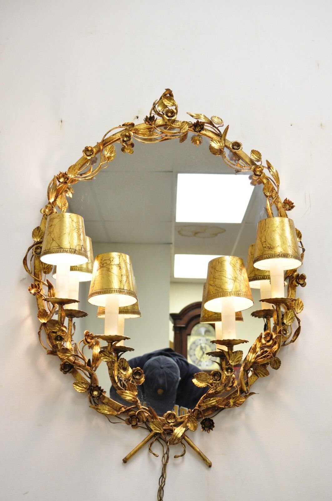 Vtg Italian Hollywood Regency Gold Gilt Iron Oval Floral Wall Mirror w/ Sconces
