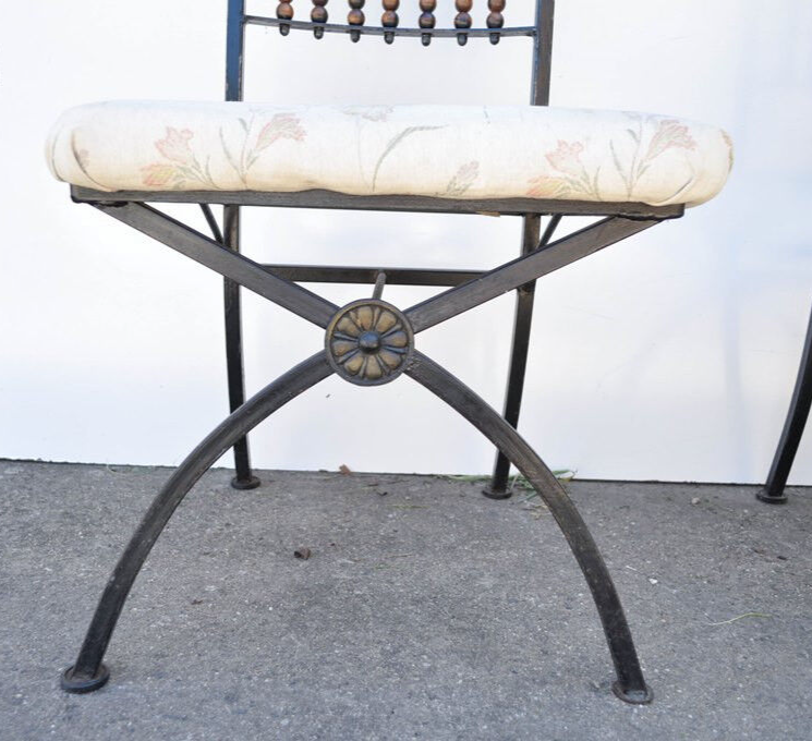 Hollywood Regency Wood Ball Abacus Wrought Iron Curule Dining Chairs - Set of 4