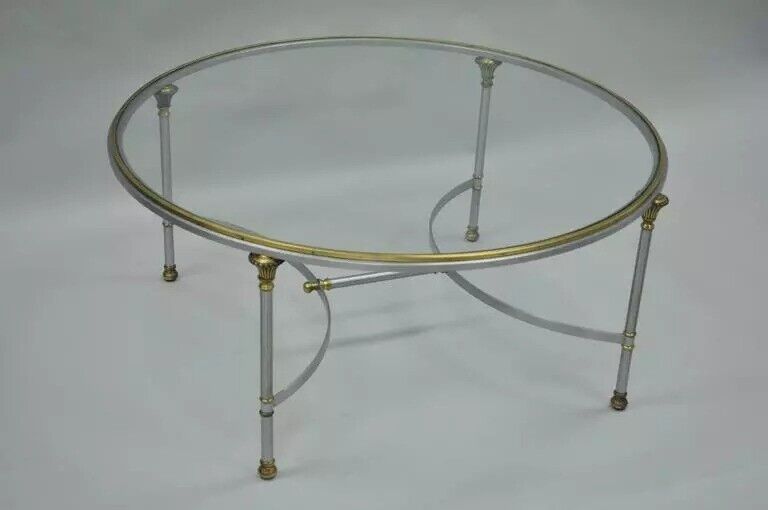 Vintage Maison Jansen Style Italian Regency Steel & Glass Round Coffee Table