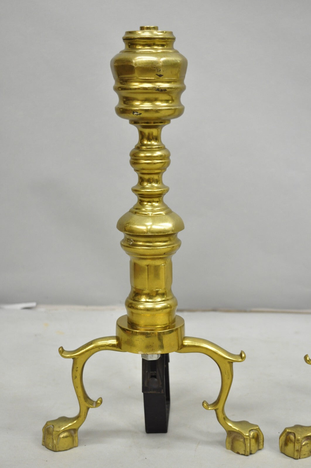 Vintage Federal Style Brass Branch Foot Gold Fireplace Andirons - a Pair
