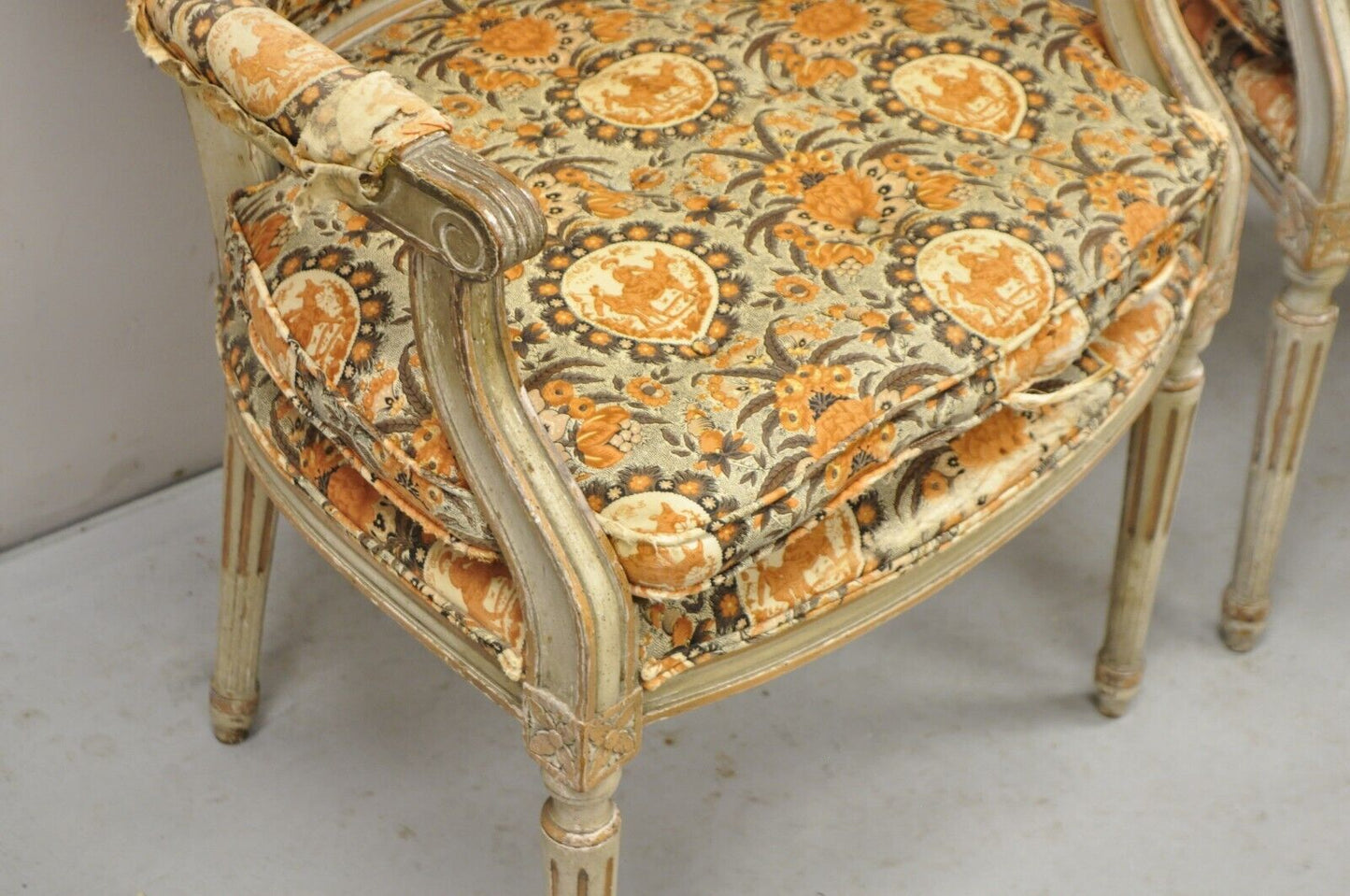 Antique French Louis XVI Style Distressed Cream Painted Fauteuil Arm Chairs Pair