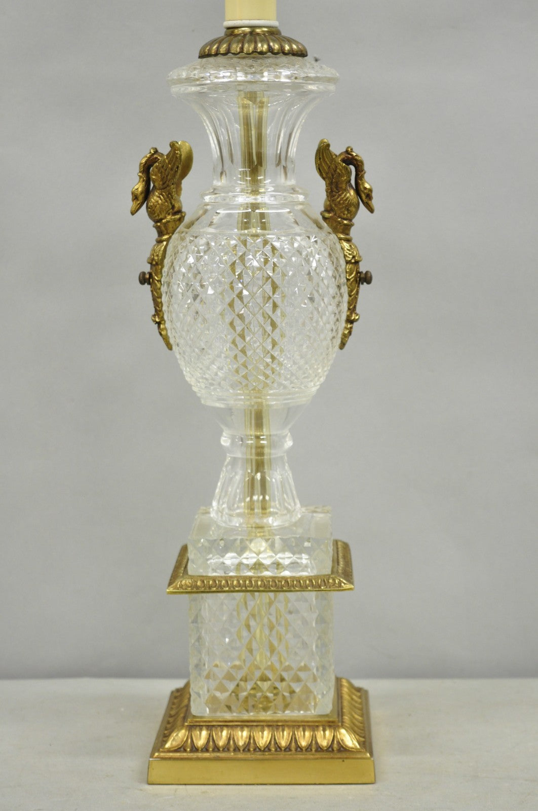 French Empire Regency Baccarat Style Glass Crystal Urn Table Lamp w/ Brass Swans