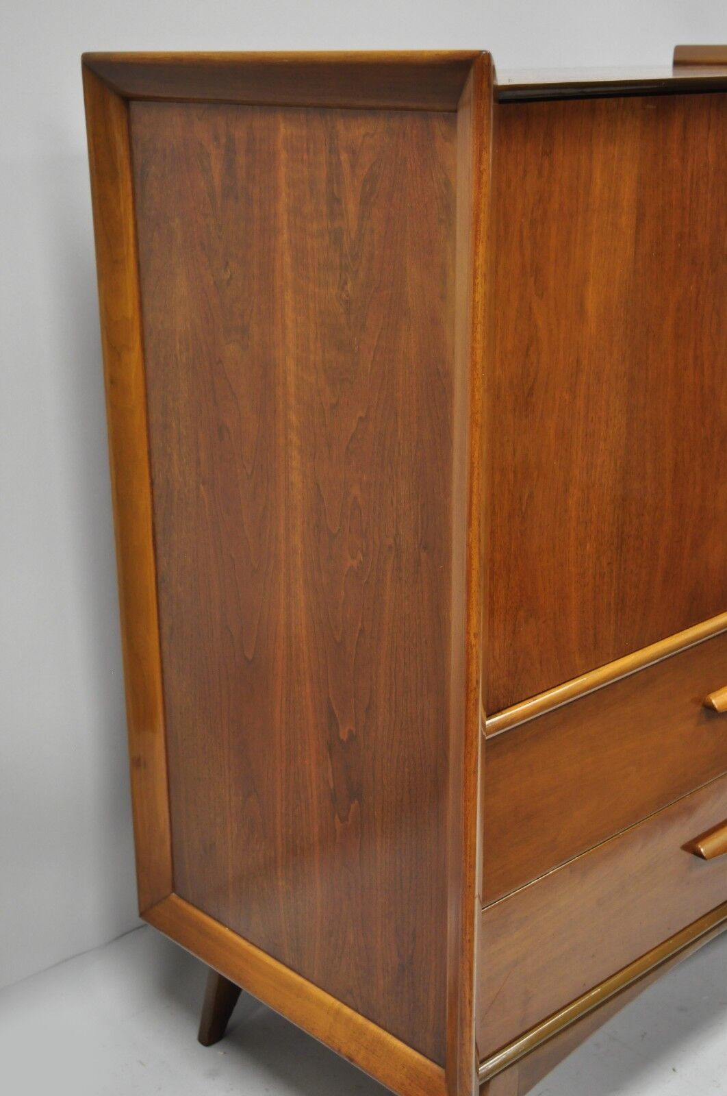 Vintage Mid Century Modern Sculpted Angled Walnut Highboy Tall Chest Dresser
