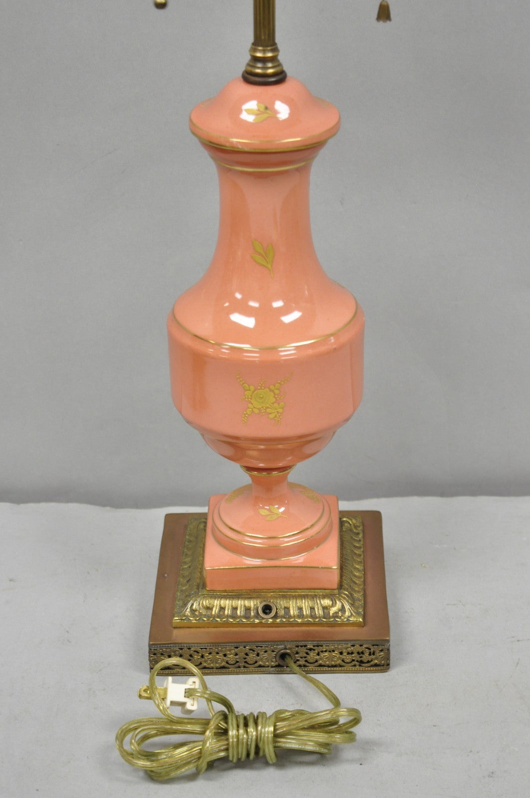 Antique French Victorian Salmon Coral Pink Porcelain Hand Painted Urn Table Lamp