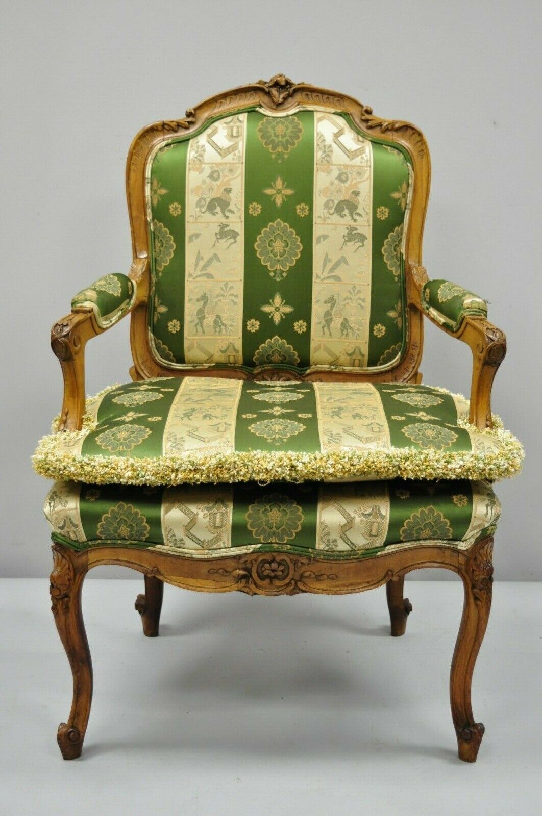Antique French Louis XV Style Green & Gold Walnut Fauteuil Arm Chairs - a Pair