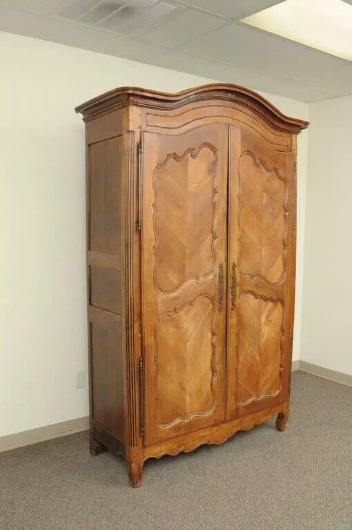French Country Provincial Walnut Bonnet Top Armoire Wardrobe Cabinet