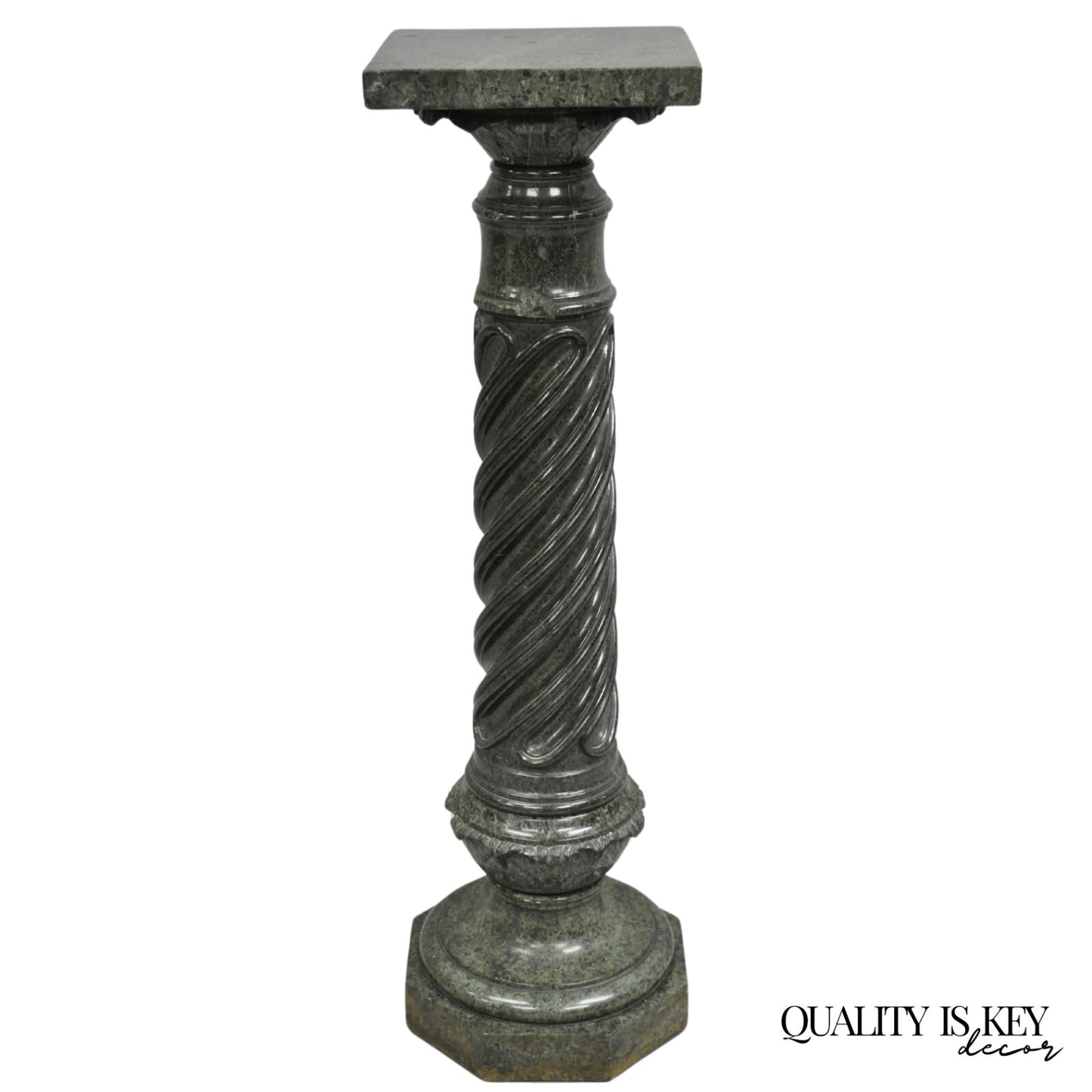 Antique Italian Green Marble Empire Classical Spiral Carved Column Pedestal