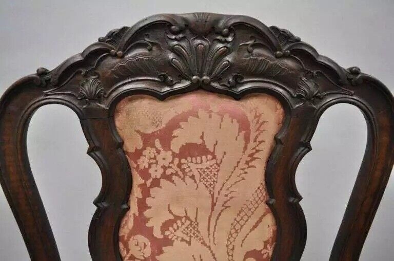 Antique Italian Baroque Style Carved Walnut Dining Side Chairs - Set of 6