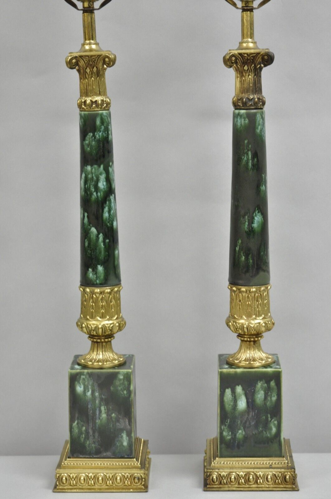 Vintage French Empire Style Green Painted Porcelain Column Table Lamps - a Pair