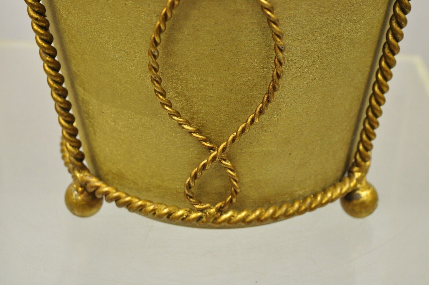 NOS Italian Gold Gilt Iron Hollywood Regency Wastebasket Trashcan with Liner