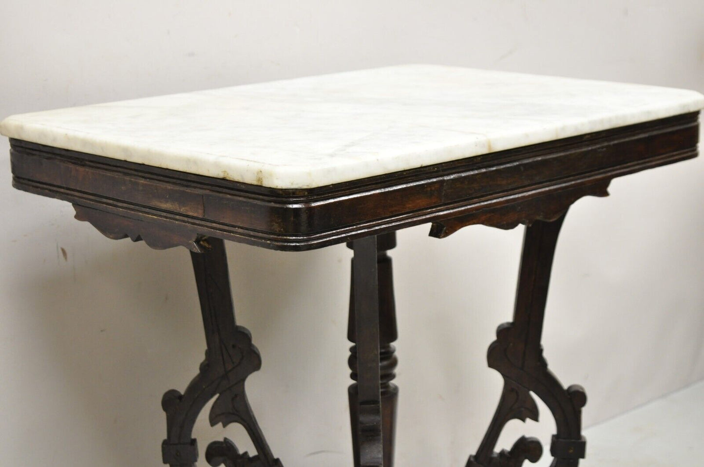 Antique Eastlake Victorian Marble Top Walnut Parlor Accent Side Table