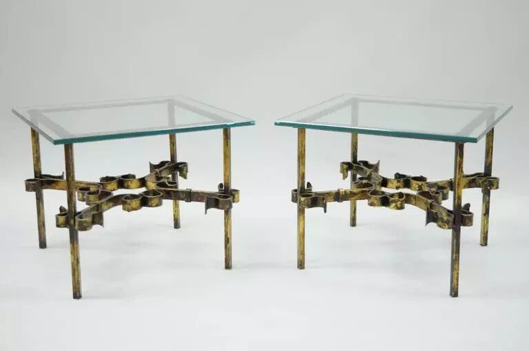Vintage Spanish Hollywood Regency Gold Gilt Iron Square Glass End Tables - Pair