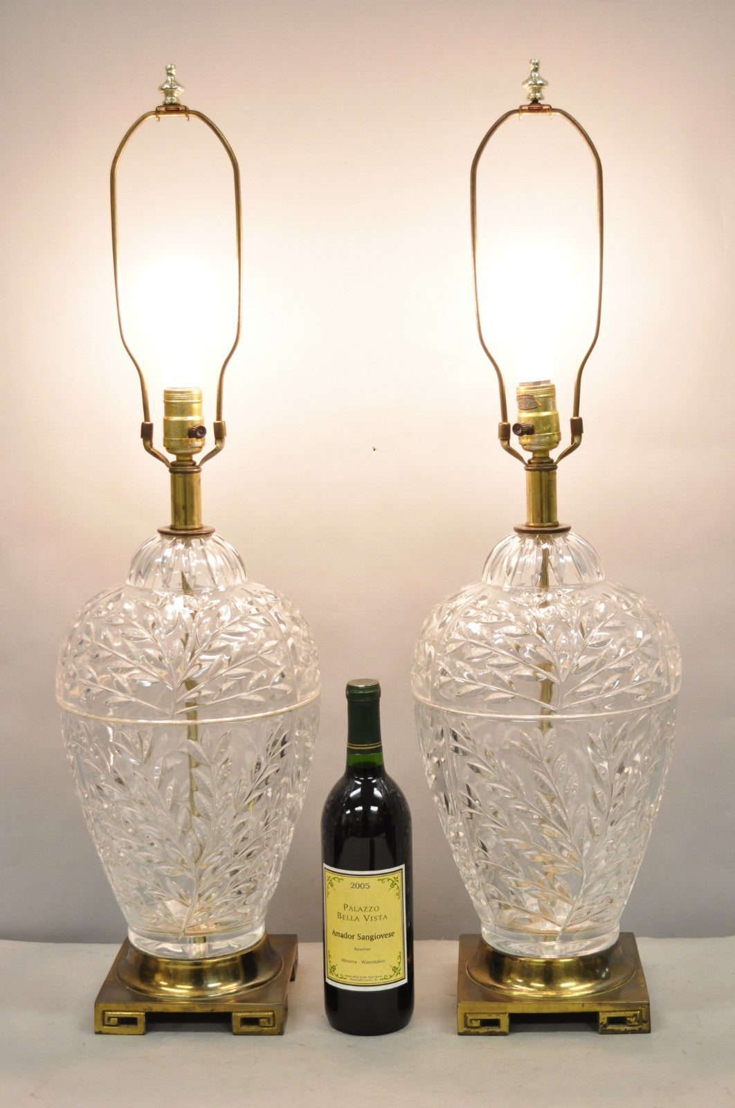 Vintage Chinoiserie Heavy Leaded Glass Wheat Sheaf Ginger Jar Table Lamps, Pair