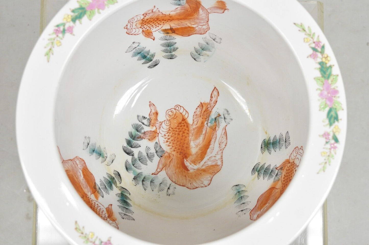 Vintage Chinese Ceramic Jardiniere Cachepot Planter Pot with Fish & Lilies