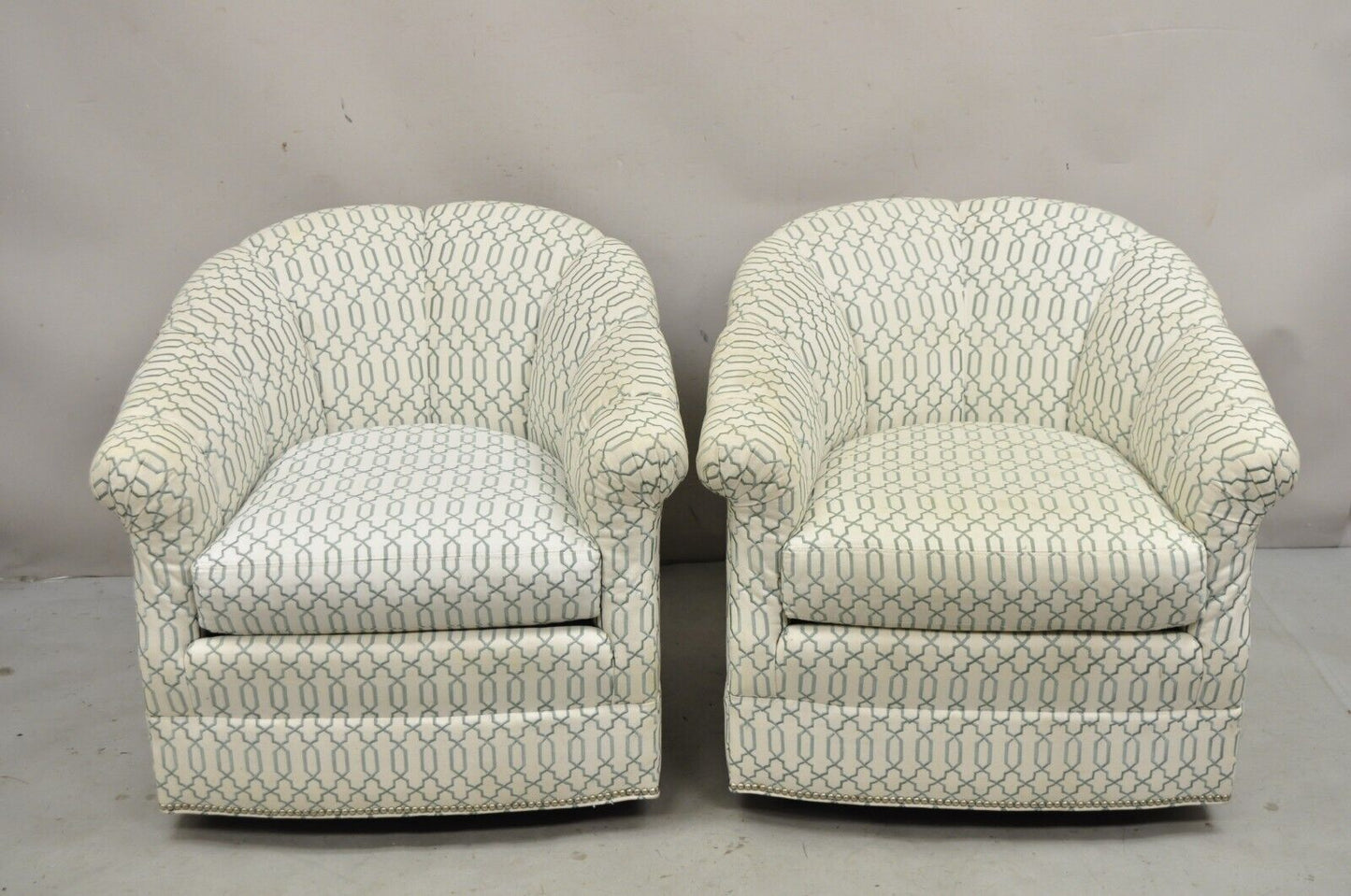 Sherrill Seafoam Green & Off White Swivel Rocker Barrel Back Club Chairs - Pair