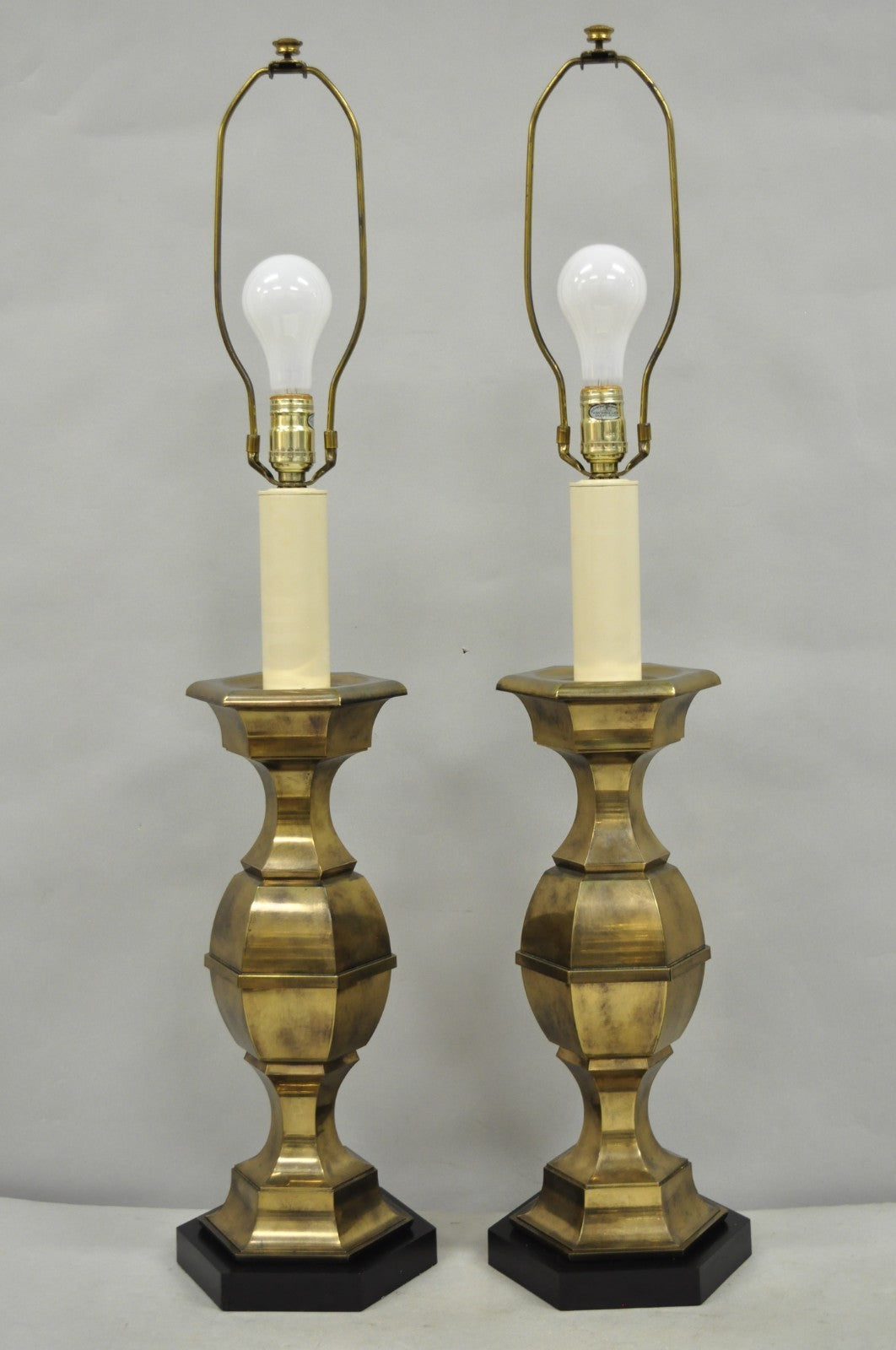 Vintage Hollywood Regency Burnished Brass Candlestick Table Lamps - a Pair