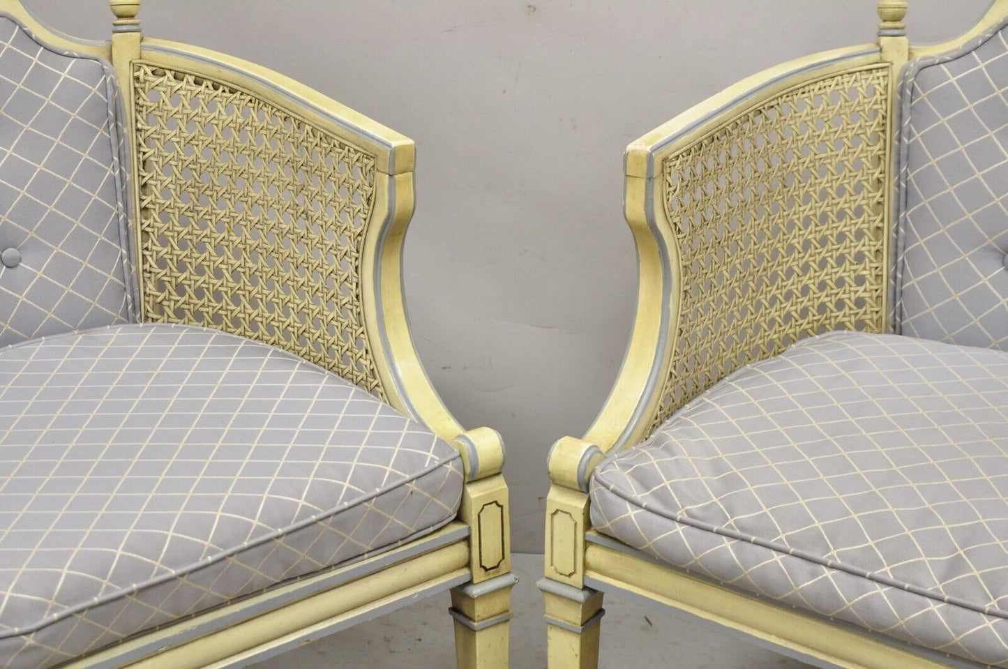 Vintage Hollywood Regency Cream Painted Cane Side Club Lounge Chairs - a Pair
