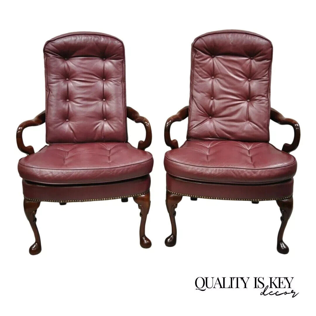 Queen Anne Burgundy Leather Library Office Arm Chairs by St Timothy Chair Pair