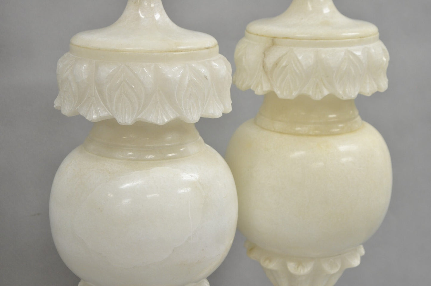 Neoclassical Large Carved Solid Alabaster Marble Leaf Bulbous Table Lamps Pair