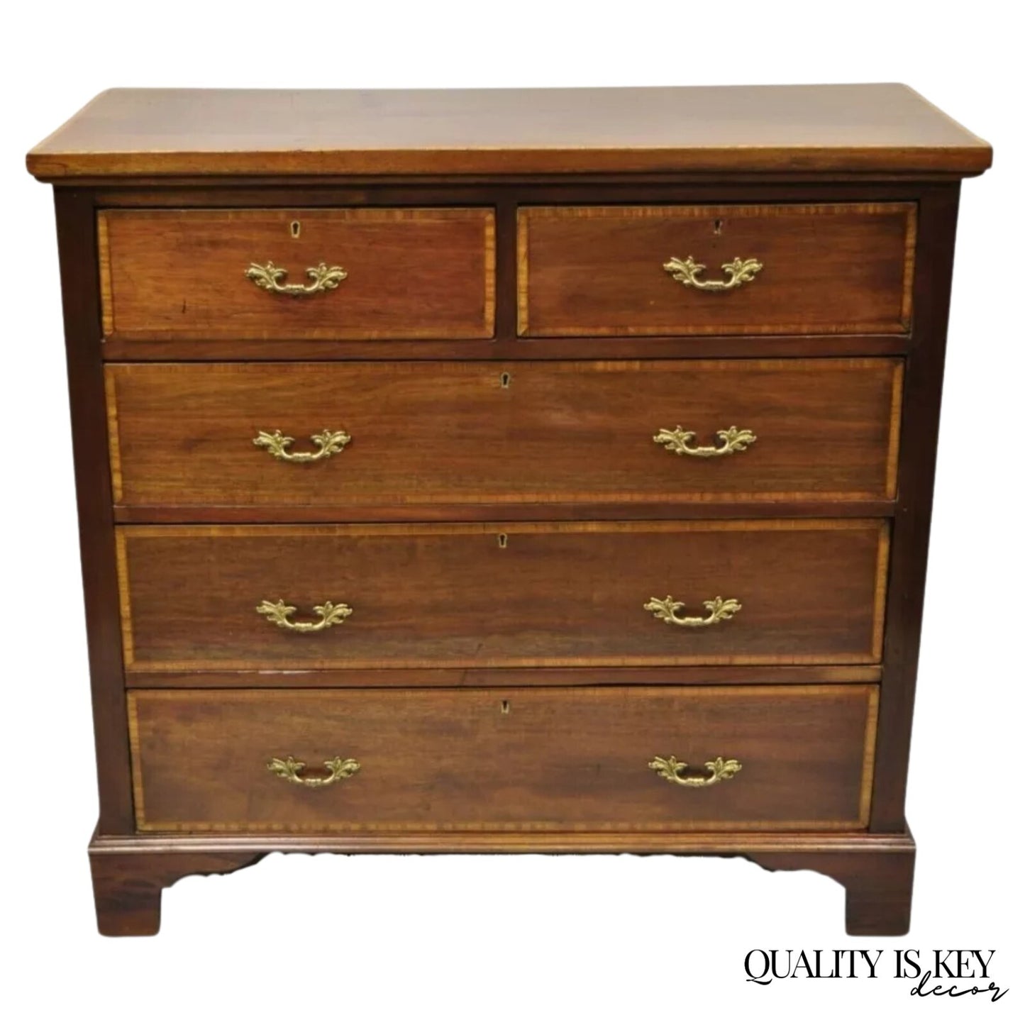 Antique English Georgian Mahogany Banded Satinwood Inlay 5 Drawer Chest Dresser